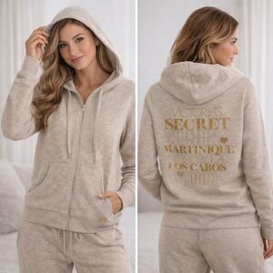 Victoria’s Secret Supermodel Essentials Zip Hoodie Gold Bling Graphic L